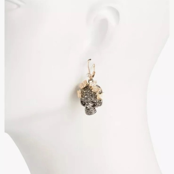 Betsey Johnson Skull Earrings Gold Butterfly Gunmetal Crystal - Picture 2 of 3